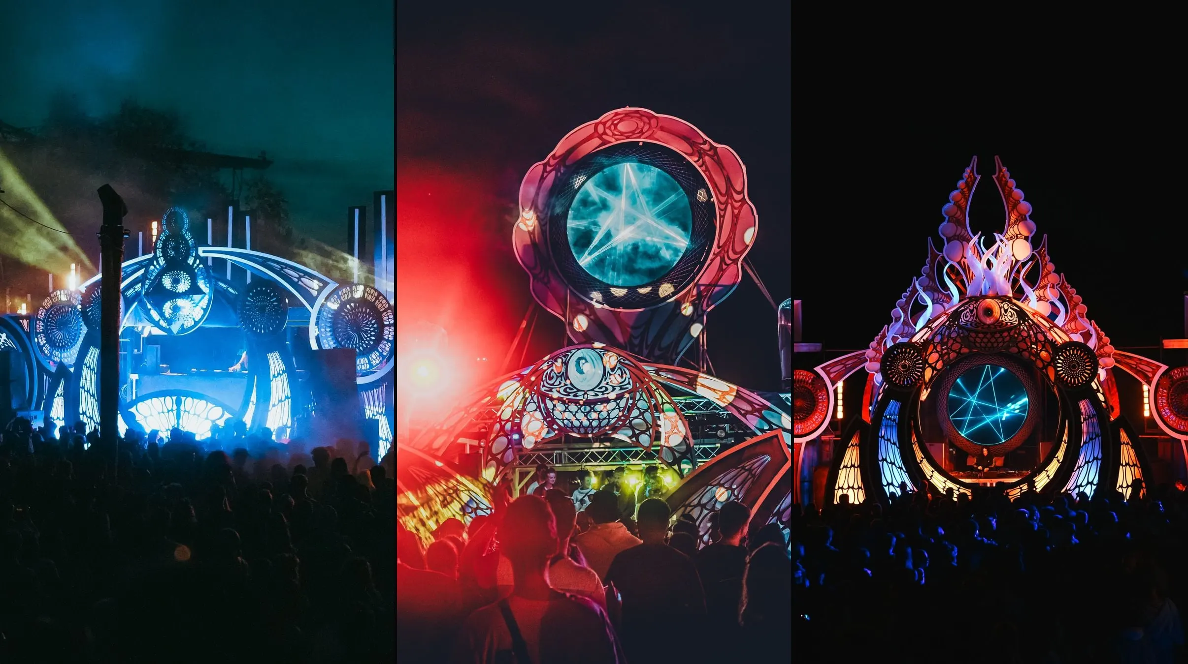 Modular Stages – One kit, many stages. The same handmade modules – mandala discs, wing panels, portals – return every season as a completely new stage.
